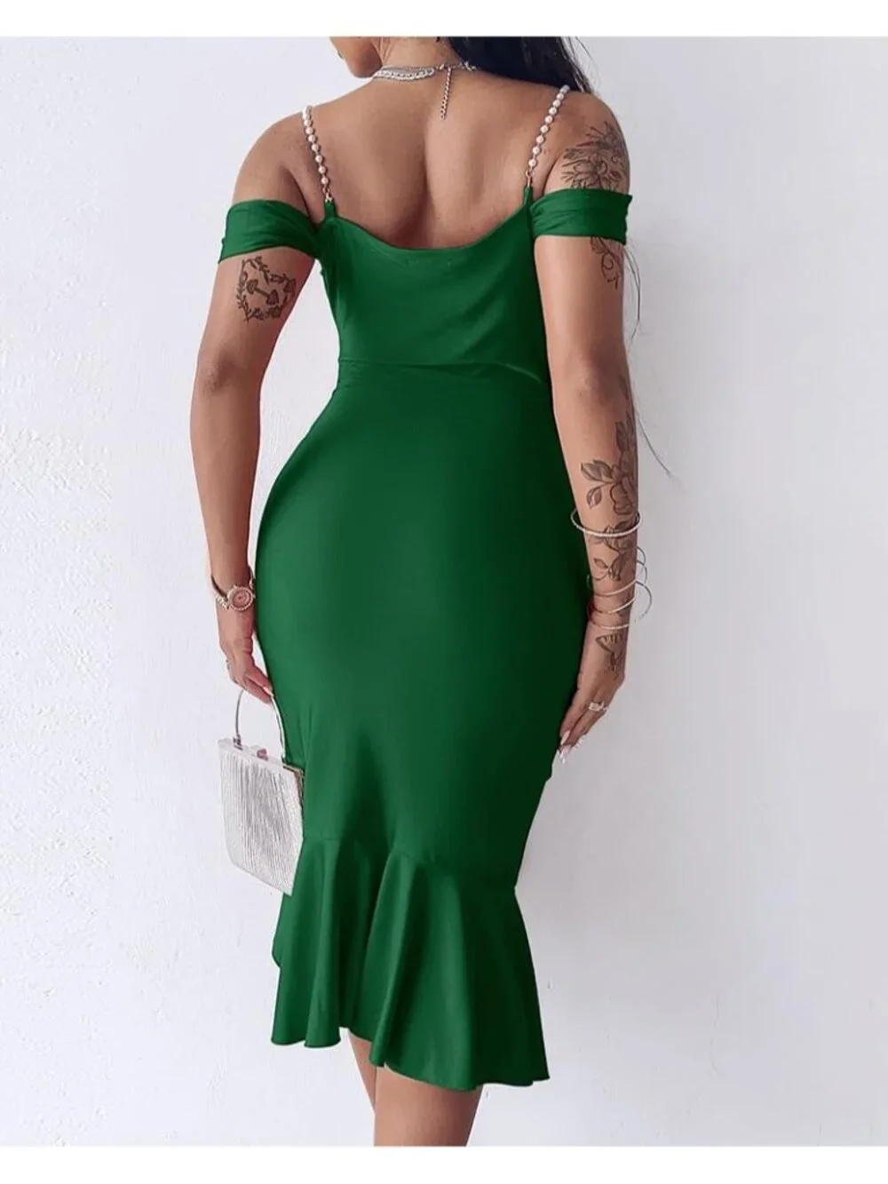 👗Women's Green Off Shoulder Design Cocktail  Pearls Strap Bodycon Midi Dress